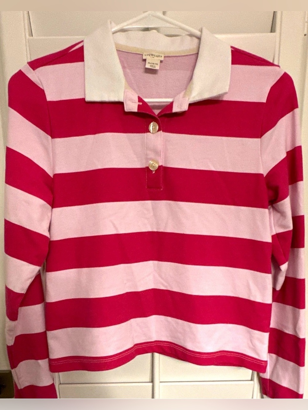 Crewcuts Unisex Kids XL (12-14) Pink/White Striped Long Sleeve Polo Shirt
